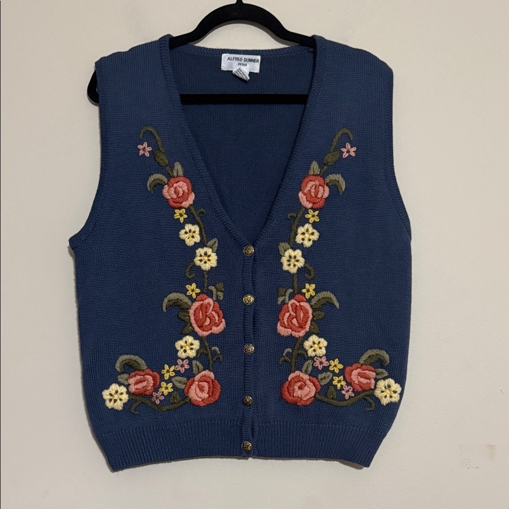 Vintage Alfred Dunner Blue Floral Buttoned knit Sweater Vest women PM wool Y2K